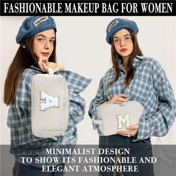 Corduroy Initial Makeup Bag Set Travel Cosmetic Organizer Gift for Teen Girls - Picture 4 of 7